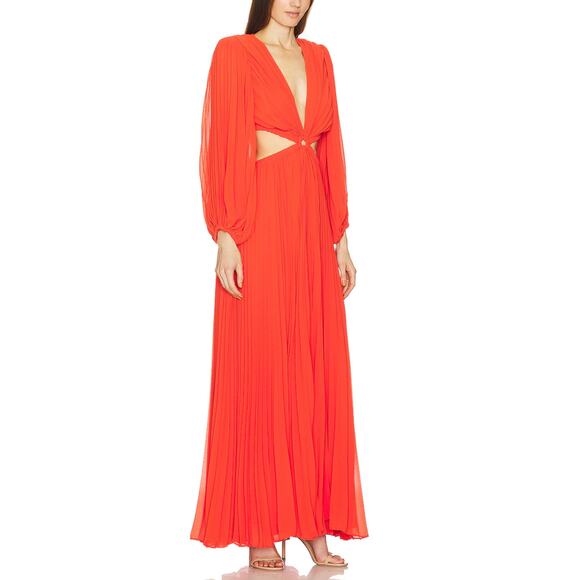 Michael Costello Orange Plunging Gown Orange XS Pleated Designer Slit $388 NEW - Picture 3 of 8